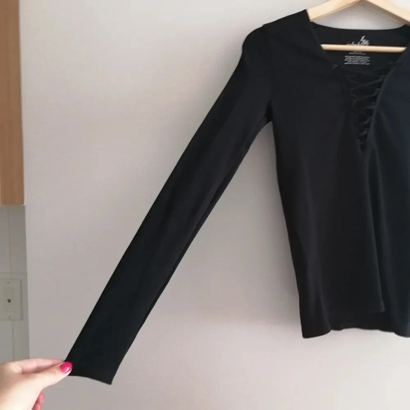 Free People Intimately Free Black Ribbed Lace  Up Neck Long Sleeve Top M/L - Picture 6 of 12